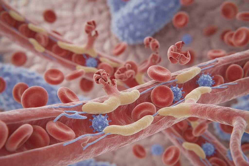 A detailed illustration depicting vascular damage caused by spike proteins, showcasing a close-up view of human blood vessels. In the foreground, highlight the intricate structures of capillaries with visible signs of inflammation and disruption, such as swelling and irregular shapes. In the middle ground, portray red blood cells passing through the vessels, some appearing deformed, symbolizing impaired circulation. The background should be a soft focus of blurred organic elements, suggesting a biological environment. Utilize soft, diffused lighting to create a clinically sterile atmosphere, reminiscent of a medical illustration. Aim for a macro photography perspective to capture intricate details, emphasizing the severity of vascular damage while maintaining a neutral and informative tone.