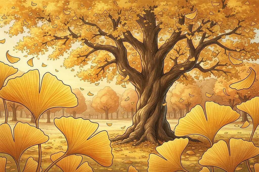 A detailed illustration of a Ginkgo biloba tree in vibrant autumn colors, showcasing its distinctive fan-shaped leaves turning shades of golden yellow. In the foreground, a close-up of a cluster of Ginkgo leaves catches the light, emphasizing their unique texture and venation. The middle ground features the Ginkgo tree's gnarled trunk, with its broad branches extending outward, surrounded by gently falling leaves. In the background, a serene park setting with dappled sunlight filtering through the trees creates a tranquil atmosphere. The lighting is warm and inviting, simulating the golden hour just before sunset. The overall mood should evoke a sense of natural healing and vitality, reflecting the ancient wisdom of this medicinal plant. A detailed illustration of a Ginkgo biloba tree in vibrant autumn colors, showcasing its distinctive fan-shaped leaves turning shades of golden yellow. In the foreground, a close-up of a cluster of Ginkgo leaves catches the light, emphasizing their unique texture and venation. The middle ground features the Ginkgo tree's gnarled trunk, with its broad branches extending outward, surrounded by gently falling leaves. In the background, a serene park setting with dappled sunlight filtering through the trees creates a tranquil atmosphere. The lighting is warm and inviting, simulating the golden hour just before sunset. The overall mood should evoke a sense of natural healing and vitality, reflecting the ancient wisdom of this medicinal plant.