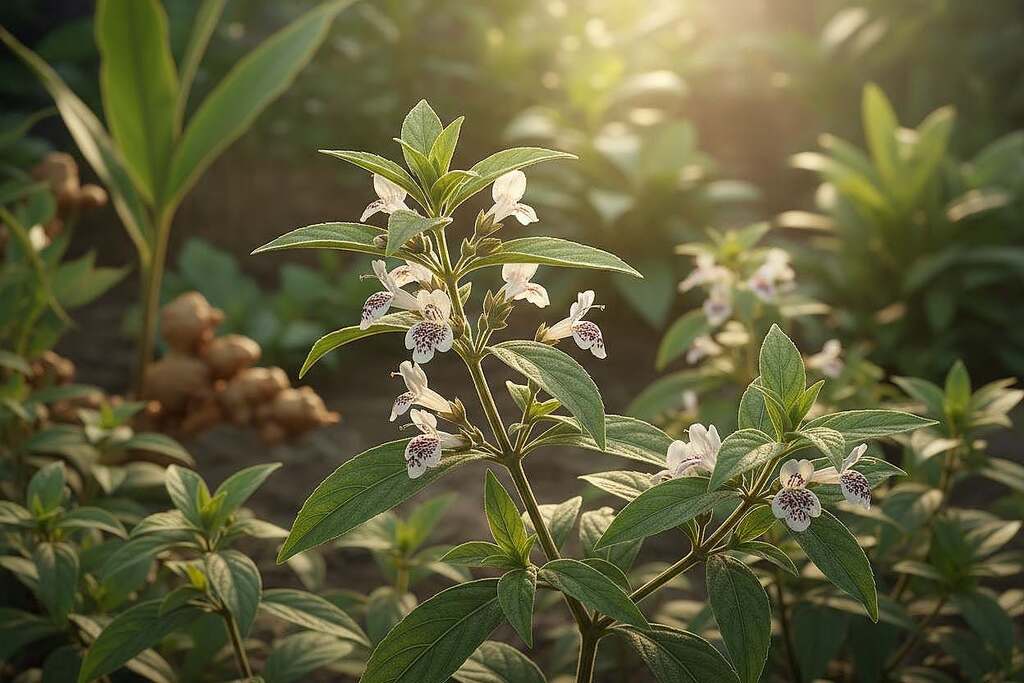 A detailed illustration of Andrographis paniculata, featuring its elongated green leaves and distinctive small white flowers. In the foreground, showcase the plant in lush, vibrant detail, emphasizing the texture of its leaves and the delicate petals of the blooms. The middle ground should include a soft-focus background of a natural herb garden, with hints of other Asian medicinal plants. Ensure warm, diffused sunlight bathes the scene, creating an inviting and serene atmosphere. The image should be captured from a slightly elevated angle to highlight the plant’s ornate structure while allowing the surrounding flora to frame it harmoniously. The overall mood should evoke a sense of tranquility and healing, emphasizing the potency of this herbal remedy against colds. A detailed illustration of Andrographis paniculata, featuring its elongated green leaves and distinctive small white flowers. In the foreground, showcase the plant in lush, vibrant detail, emphasizing the texture of its leaves and the delicate petals of the blooms. The middle ground should include a soft-focus background of a natural herb garden, with hints of other Asian medicinal plants. Ensure warm, diffused sunlight bathes the scene, creating an inviting and serene atmosphere. The image should be captured from a slightly elevated angle to highlight the plant’s ornate structure while allowing the surrounding flora to frame it harmoniously. The overall mood should evoke a sense of tranquility and healing, emphasizing the potency of this herbal remedy against colds.