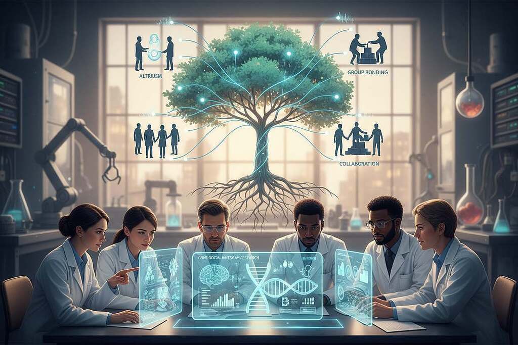 A detailed illustration of genetic influence on social behavior, featuring a professional setting. In the foreground, a diverse group of scientists, dressed in lab coats, are engaged in collaboration, analyzing DNA sequences and behavioral charts on digital screens. The middle ground shows a large tree symbolizing human connections, with branches connecting to different social groups represented as silhouettes engaged in various communal activities, like sharing and cooperation. In the background, a soft focus on a laboratory filled with advanced technology, illuminated by warm, natural lighting to create an inviting and optimistic atmosphere. The scene is shot from a slightly elevated angle to encompass both the human element and the symbolic tree, conveying a mood of unity and progress in understanding the ties between genetics and social behavior.