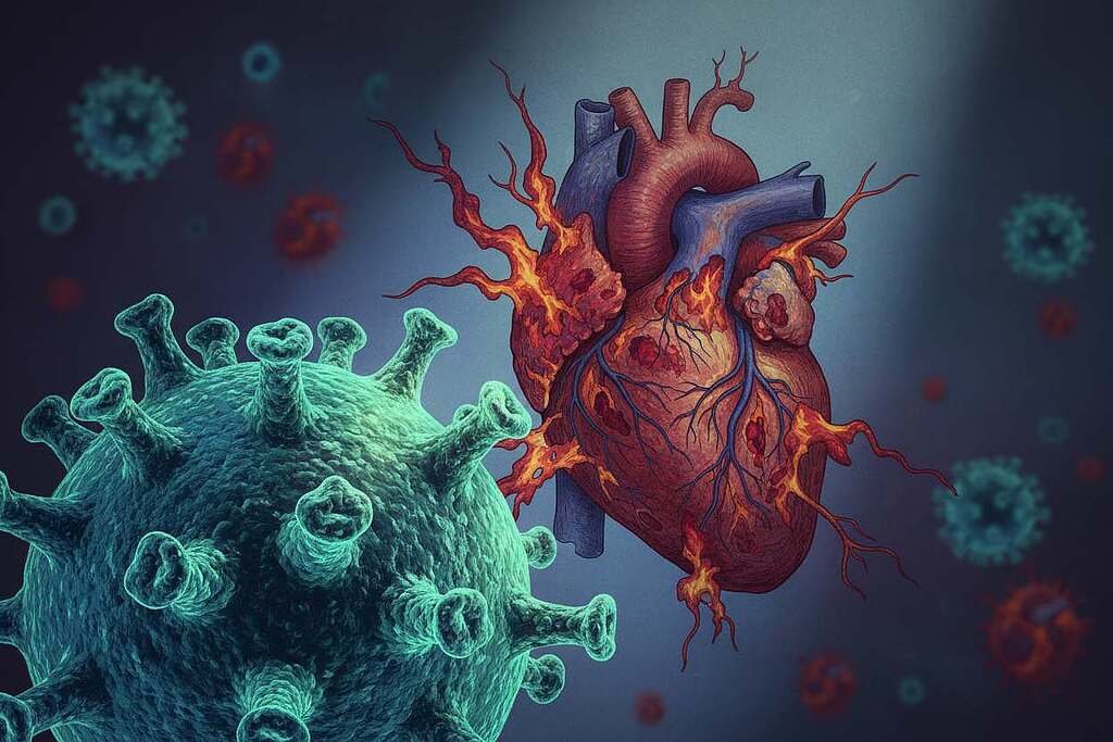 A detailed illustration of the COVID-19 spike protein causing organ damage. In the foreground, visualize a large, magnified spike protein structure, intricately detailed with its characteristic shapes and textures, glowing in vibrant blues and greens. The middle ground should feature a human organ affected by the spike protein, such as a lung or heart, depicted with highlights of inflammation and cellular damage, showcasing red and orange tones to indicate distress. In the background, a subtle representation of the virus’s spread, with soft-focus viral particles merging into the background, creating a sense of depth. The lighting is dramatic, with a spotlight effect on the spike protein, enhancing its prominence, while the rest of the scene is captured in cooler, shadowy hues to convey a serious and dramatic atmosphere.