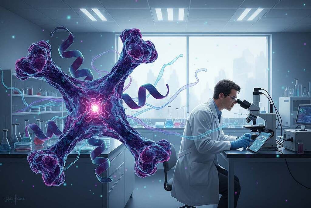 A detailed illustration of the SARS-CoV-2 spike protein depicted in a scientific, laboratory setting. In the foreground, a highly magnified, three-dimensional representation of the spike protein, showcasing its intricate structure with vibrant colors like purples and blues, reflecting the complexity of its biology. In the middle ground, a researcher in a white lab coat, wearing protective goggles and gloves, studies the model with a microscope, emphasizing a professional atmosphere. The background features laboratory equipment like Petri dishes and flasks, illuminated by soft, diffused lighting to create a calm, focused mood. The overall composition conveys the concept of persistence and potential long-term effects, blending scientific accuracy with artistic visualization.