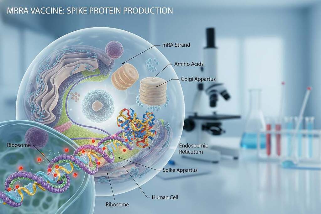 A detailed scientific illustration depicting the production of spike proteins from mRNA vaccines. In the foreground, a close-up of ribosomes synthesizing a spike protein, showcasing intricate details of the molecular structures, such as mRNA strands and amino acids. In the middle ground, various cellular components like endoplasmic reticulum and Golgi apparatus are illustrated to provide context, while a representation of a human cell is shown. In the background, a soft-focus laboratory setting conveys a research atmosphere, with subtle hints of lab equipment like microscopes and pipettes. The lighting is bright and clinical, highlighting the importance of scientific accuracy. The mood is informative and educational, emphasizing biological processes in a clear, visually engaging manner.