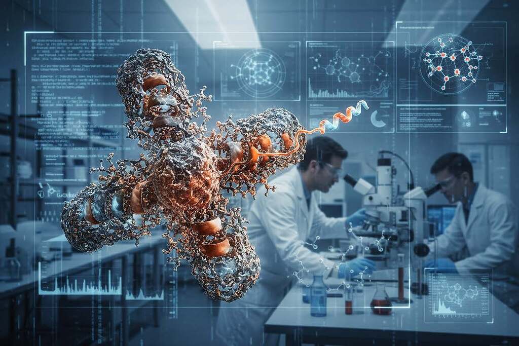 A detailed scientific illustration of a Spike protein molecule, prominently displayed in the foreground with a metallic, textured surface, showcasing its intricate structure and binding sites. In the middle ground, a blurred laboratory setting with scientists in professional lab coats examining the molecule under high-tech microscopes, emphasizing the research aspect. The background should feature a digital interface with data and molecular models, conveying a cutting-edge scientific environment. Soft, diffused lighting enhances the colors of the Spike protein, creating a contrast with the neutral tones of the laboratory. The atmosphere should evoke a sense of intrigue and seriousness, reflecting the discussion of Spike protein as a potential bioweapon.