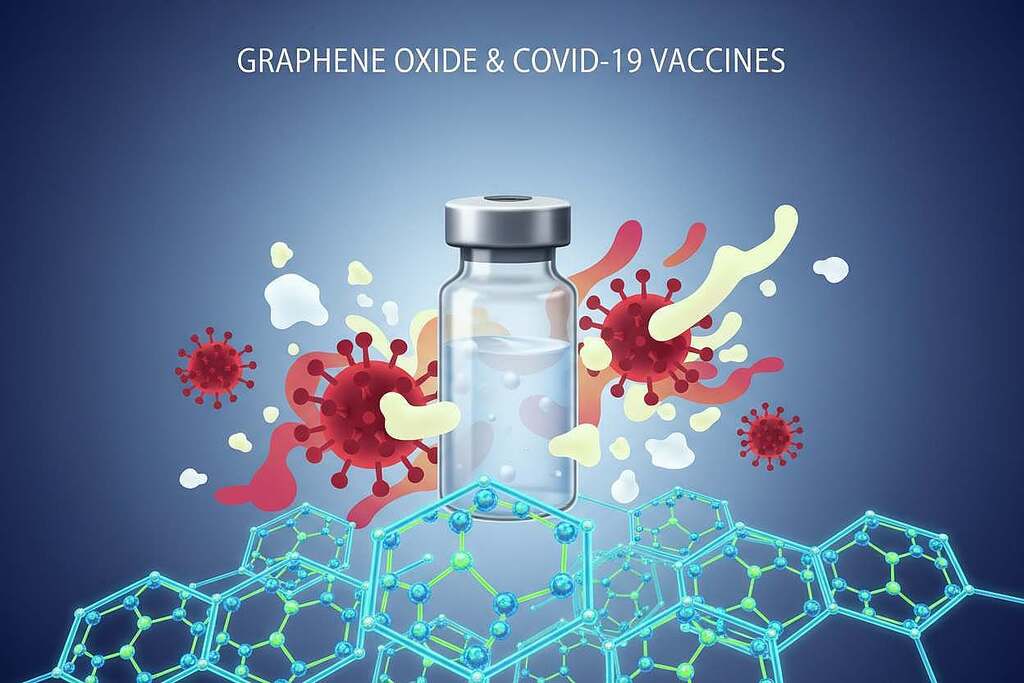 A detailed scientific illustration of graphene oxide nanoparticles in the context of COVID vaccines. In the foreground, showcase a cluster of vibrant, hexagonal graphene oxide structures animated with electric blue and green colors, reflecting their nanoscopic nature. In the middle ground, depict a stylized representation of a vaccine vial surrounded by abstract, swirling representations of spike proteins and immune response elements, illuminated with soft, white lighting for clarity. In the background, incorporate a subtle gradient of light, fading from dark to light blue, symbolizing the complexity of the pandemic and scientific discovery. The overall atmosphere should evoke a sense of innovation and professionalism, suitable for a scientific analysis. Use a focus lens effect to enhance details on the nanoparticle structures while maintaining a balanced, clear composition.