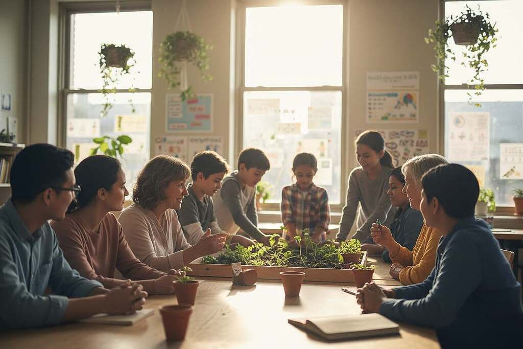 A diverse group of people, including individuals of different ages and backgrounds, engaged in collaborative educational activities in a bright, modern classroom. In the foreground, a middle-aged woman enthusiastically leads a discussion, while in the middle, a group of children work together on a community project, building a small garden. The background features large windows that allow warm sunlight to stream in, illuminating colorful educational materials and plants. The mood is uplifting and inspiring, reflecting a sense of community and shared purpose. The scene conveys the importance of education and collective initiatives in fostering a sense of common good. Shot with a soft focus lens at a slight angle, enhancing the warmth and approachability of the environment.