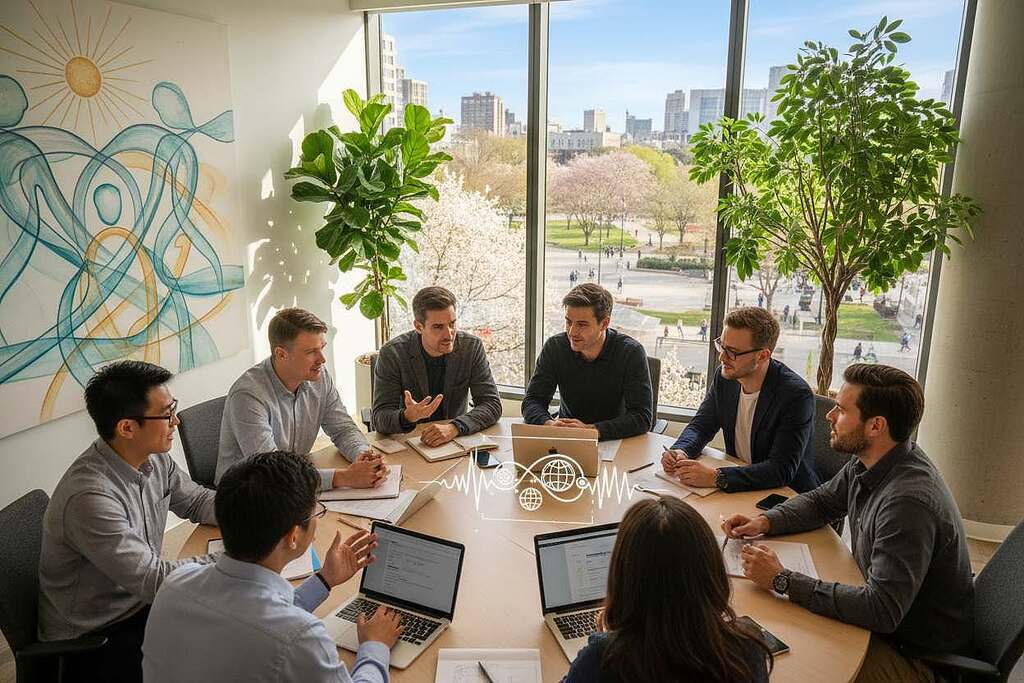 A diverse group of professionals, including men and women of various ethnicities, are gathered in a bright, modern office environment, engaging in animated conversation over a round table filled with papers and digital devices. The foreground captures their earnest expressions, showing collaboration and shared ideas. In the middle ground, lush green plants and a large window reveal a sunny day outside, creating a sense of openness and positivity. The background features soft-focus abstract art symbolizing unity and psychological well-being. The scene is bathed in warm, inviting lighting, enhancing the thoughtful mood. Capture the atmosphere of meaningful dialogue and collective insight, emphasizing the psychological aspects of common good. Use a slight overhead angle to convey perspective and connection among the group.