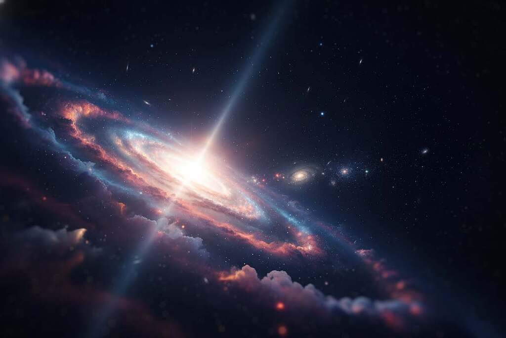 A dramatic cosmic scene representing the Big Bang, showcasing a vibrant explosion of colors and energy. In the foreground, swirling gases and luminous particles radiate from a brilliant, central point of light symbolizing the universe's origins. The middle ground features ethereal cosmic elements like nebulas and clusters of stars forming, bathed in hues of deep blues, fiery oranges, and radiant purples. In the background, an expansive void filled with faint outlines of distant galaxies sparkles against the deep black expanse of space. Use soft, glowing lighting to create a sense of awe and wonder, with a slightly blurred perspective, as if peering through a cosmic lens. This image should evoke feelings of mystery and the grandeur of the universe's beginnings, without any text or additional elements.