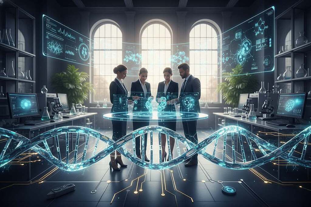 A dynamic and intricate representation of an integrative system, illustrating the synergy between biochemistry and bioelectricity. In the foreground, show elegantly entwined strands of DNA and electrical circuits glowing faintly, symbolizing the connection between life and energy. The middle ground features diverse professionals in business attire collaborating over a holographic interface displaying molecular structures and bioelectrical patterns, conveying shared responsibility and innovation. In the background, a serene laboratory environment with large windows letting in soft, natural light enhances the atmosphere of research and discovery. The color palette features blues, greens, and metallic accents, evoking a sense of calm and focus, while the lighting creates depth and highlights the intricate details of the systems at play.