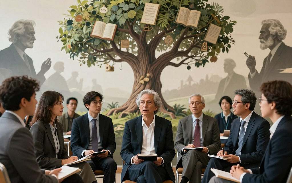A dynamic and thought-provoking scene illustrating the influence of philosophy on consciousness and society. In the foreground, a diverse group of people, dressed in professional business attire, engage in deep conversation, their expressions serious yet enlightening. In the middle ground, a large, symbolic tree with sprawling branches represents growth and interconnectedness, with various philosophical texts and symbols subtly integrated into its bark. The background features abstract silhouettes of iconic philosophers like Wittgenstein and Foucault, blending into an ethereal landscape that symbolizes societal change. The lighting is soft and warm, creating an inviting atmosphere, with a slight lens blur on the background to emphasize the central figures. The overall mood conveys a sense of exploration, knowledge, and the transformative power of philosophical thought. A dynamic and thought-provoking scene illustrating the influence of philosophy on consciousness and society. In the foreground, a diverse group of people, dressed in professional business attire, engage in deep conversation, their expressions serious yet enlightening. In the middle ground, a large, symbolic tree with sprawling branches represents growth and interconnectedness, with various philosophical texts and symbols subtly integrated into its bark. The background features abstract silhouettes of iconic philosophers like Wittgenstein and Foucault, blending into an ethereal landscape that symbolizes societal change. The lighting is soft and warm, creating an inviting atmosphere, with a slight lens blur on the background to emphasize the central figures. The overall mood conveys a sense of exploration, knowledge, and the transformative power of philosophical thought.