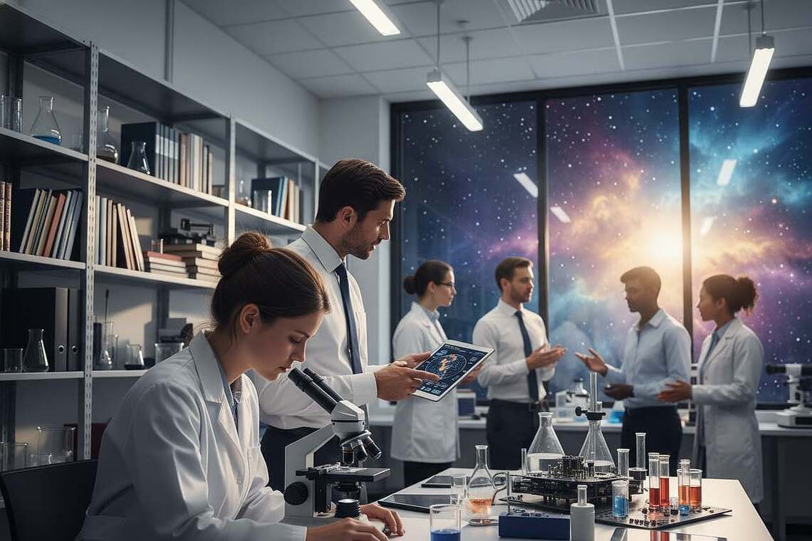 A dynamic scene illustrating interdisciplinary research, featuring a diverse team of scientists in a modern laboratory setting. In the foreground, a female biologist in a lab coat examines samples under a microscope, her intense focus reflecting the pursuit of knowledge. Beside her, an astrophysicist, dressed in professional attire, reviews data displayed on a digital tablet. In the middle ground, shelves filled with books and scientific instruments convey a sense of exploration. The background showcases a large window revealing a cosmic starry sky, symbolizing the connection between life and the universe. Soft, diffused lighting creates an inspiring atmosphere, while a slight lens flare adds a dynamic touch to the celestial backdrop. The overall mood is one of collaboration, discovery, and a quest for understanding the origins of life.