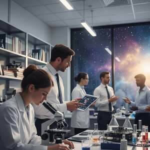 A dynamic scene illustrating interdisciplinary research, featuring a diverse team of scientists in a modern laboratory setting. In the foreground, a female biologist in a lab coat examines samples under a microscope, her intense focus reflecting the pursuit of knowledge. Beside her, an astrophysicist, dressed in professional attire, reviews data displayed on a digital tablet. In the middle ground, shelves filled with books and scientific instruments convey a sense of exploration. The background showcases a large window revealing a cosmic starry sky, symbolizing the connection between life and the universe. Soft, diffused lighting creates an inspiring atmosphere, while a slight lens flare adds a dynamic touch to the celestial backdrop. The overall mood is one of collaboration, discovery, and a quest for understanding the origins of life.