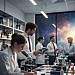 A dynamic scene illustrating interdisciplinary research, featuring a diverse team of scientists in a modern laboratory setting. In the foreground, a female biologist in a lab coat examines samples under a microscope, her intense focus reflecting the pursuit of knowledge. Beside her, an astrophysicist, dressed in professional attire, reviews data displayed on a digital tablet. In the middle ground, shelves filled with books and scientific instruments convey a sense of exploration. The background showcases a large window revealing a cosmic starry sky, symbolizing the connection between life and the universe. Soft, diffused lighting creates an inspiring atmosphere, while a slight lens flare adds a dynamic touch to the celestial backdrop. The overall mood is one of collaboration, discovery, and a quest for understanding the origins of life.