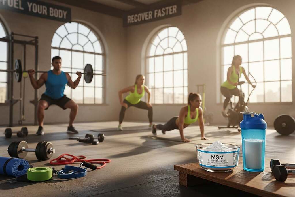 A dynamic sports nutrition scene showcasing MSM (Methylsulfonylmethane) as a key supplement in fitness. In the foreground, a well-equipped gym with various fitness gear, like dumbbells and exercise mats. A bowl of MSM powder placed prominently next to a filled shaker bottle, bright and inviting. In the middle ground, a diverse group of athletes in professional activewear engaging in exercises, including weight lifting and stretching, radiating energy and determination. The background features large windows allowing natural sunlight to stream in, illuminating the workout space. The overall mood is energetic and motivational, capturing the essence of health, fitness, and the benefits of MSM in sports nutrition. The composition should be vibrant, with a focus on the athletes’ dedication and wellness lifestyle, framed with a slightly shallow depth of field to emphasize the foreground elements.