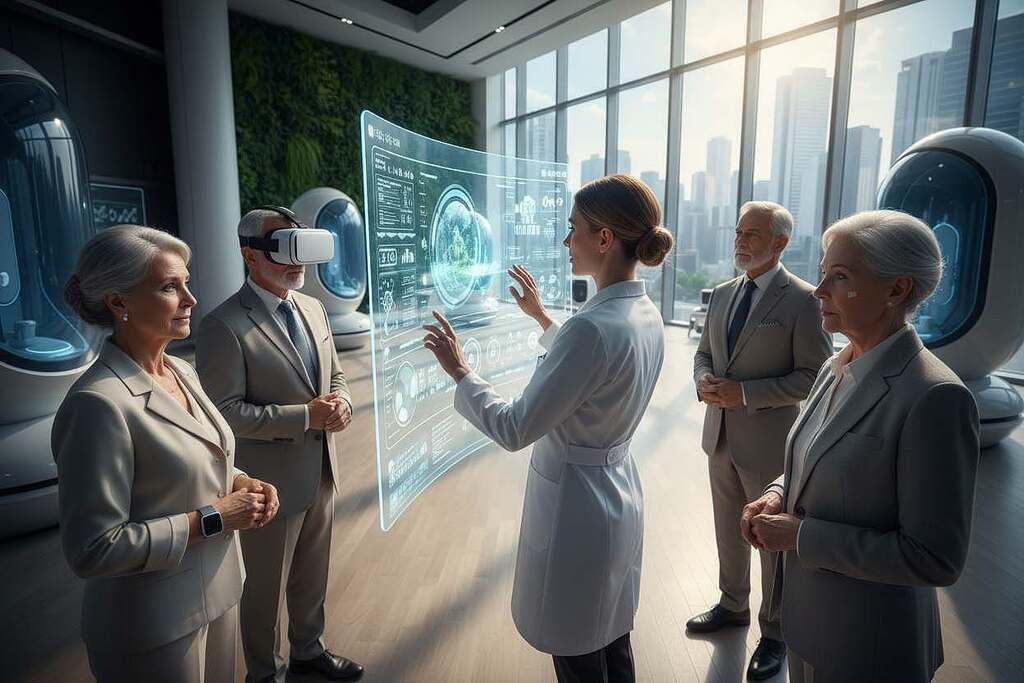A futuristic healthcare setting focused on geriatric innovations. In the foreground, a diverse group of older adults engages with advanced medical technology, such as wearable health monitors and virtual reality therapies, all dressed in professional attire. In the middle ground, a healthcare professional interacts with a touchscreen interface displaying data analytics on aging. The background features a bright, spacious clinic with large windows, showcasing greenery outside, and modern medical equipment neatly organized. Soft, natural lighting floods the scene, creating an inviting atmosphere. The angle is slightly elevated, capturing both the interactions and the advanced technology, emphasizing a harmonious blend of human experience and innovation in geriatric medicine. The overall mood is optimistic and forward-thinking, reflecting a commitment to enhancing life quality in older age.