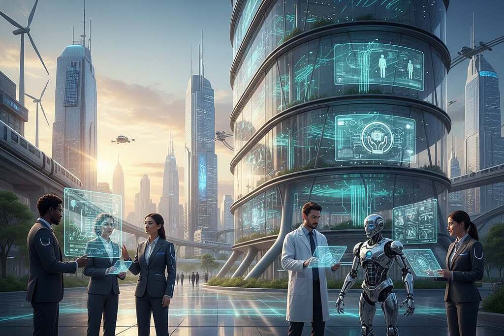 A futuristic urban landscape where technology and order merge seamlessly. In the foreground, diverse professionals in modern business attire engage with advanced holographic interfaces and robotic assistants, collaboratively solving problems. The middle ground features a sleek, transparent building structure powered by bioelectric systems, with visible energy flows and digital displays illustrating the harmony between man and technology. The background presents a city skyline with wind turbines and solar panels, showcasing renewable energy integration. The lighting is bright and vibrant, with a warm glow highlighting the interaction between humans and devices. The overall atmosphere conveys a sense of progressive innovation and cooperation, emphasizing the theme of technology serving the greater good.