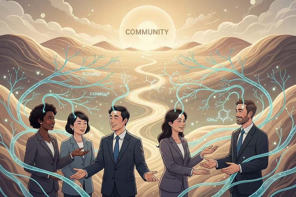 A harmonious illustration depicting biological mechanisms of social cohesion. In the foreground, diverse individuals of different ethnicities, dressed in professional business attire, engage in meaningful conversations, showcasing empathy and connection. In the middle ground, visual representations of biological elements such as neurons and chemical symbols for oxytocin and serotonin subtly intertwine with the human figures, symbolizing the biological basis of social bonding. The background features a soft, organic landscape intertwined with abstract pathways, representing interconnectedness and community. The lighting is warm and inviting, casting a gentle glow to create an atmosphere of positivity and unity. The angle is slightly elevated, providing an overview of the scene, emphasizing collaboration and social harmony.