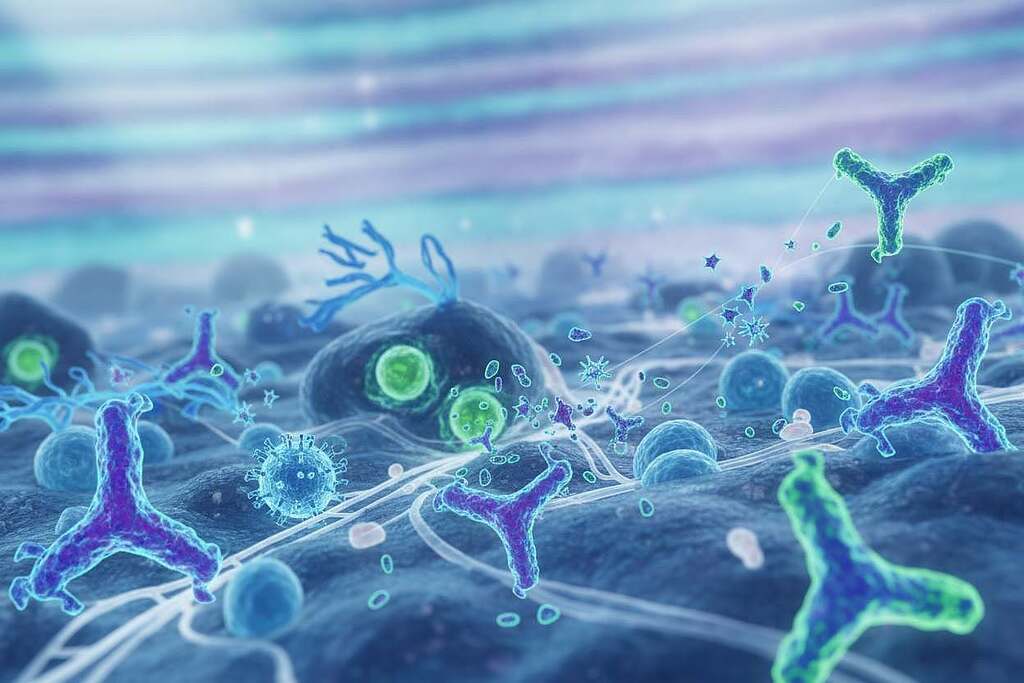 A highly detailed scientific illustration of the distribution and degradation of vaccine-induced spike proteins in a biological context. In the foreground, prominently display stylized spike protein structures, intricately designed with vibrant colors to illustrate various interactions. The middle ground should feature a colorful cellular landscape, showcasing immune cells interacting with the spike proteins, highlighting biological processes. In the background, an abstract representation of human tissues with soft, atmospheric lighting creates a clinical environment. Use a macro lens perspective to emphasize detail, incorporating a cool color palette that evokes a sense of professionalism and scientific inquiry. The overall mood should be educational and informative, aimed at enhancing comprehension of the biological mechanisms at play without any text or distractions.