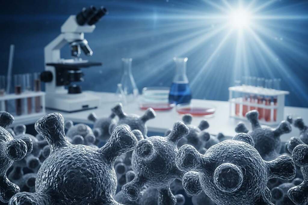 A microscopic view of the SARS-CoV-2 virus, highlighting the spike proteins in vivid detail. In the foreground, an intricate rendering of the spike proteins, showcasing their trimeric structure and unique shape, with a glossy, textured surface that reflects light. In the middle ground, a blurred lab setting with scientific equipment, such as microscopes and Petri dishes, subtly hinting at a research laboratory environment. The background features light radiating in a soft blue hue, evoking a sense of scientific discovery and inquiry. The overall mood is one of curiosity and caution, emphasizing the importance of studying the origin of the virus in a professional context. The image is sharp and well-lit, capturing the details clearly, with an emphasis on the biological complexity of the virus.