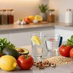A modern kitchen countertop filled with healthy foods that can influence blood pressure levels. In the foreground, a vibrant assortment of colorful fruits and vegetables, such as tomatoes, avocados, and leafy greens, neatly arranged alongside whole grains and nuts. In the middle, a sleek glass of water with a lemon wedge sits next to a measuring cup, emphasizing hydration. In the background, softly blurred shelves stocked with spices like garlic and herbs, representing flavorful alternatives to salt. The lighting is warm and inviting, creating a sense of wellness and vitality, reminiscent of a health-focused lifestyle. The angle captures the scene from a slight bird’s-eye view, promoting a sense of cleanliness and order, ideal for illustrating dietary choices that affect blood pressure.