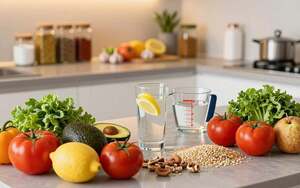 A modern kitchen countertop filled with healthy foods that can influence blood pressure levels. In the foreground, a vibrant assortment of colorful fruits and vegetables, such as tomatoes, avocados, and leafy greens, neatly arranged alongside whole grains and nuts. In the middle, a sleek glass of water with a lemon wedge sits next to a measuring cup, emphasizing hydration. In the background, softly blurred shelves stocked with spices like garlic and herbs, representing flavorful alternatives to salt. The lighting is warm and inviting, creating a sense of wellness and vitality, reminiscent of a health-focused lifestyle. The angle captures the scene from a slight bird’s-eye view, promoting a sense of cleanliness and order, ideal for illustrating dietary choices that affect blood pressure.