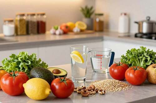 A modern kitchen countertop filled with healthy foods that can influence blood pressure levels. In the foreground, a vibrant assortment of colorful fruits and vegetables, such as tomatoes, avocados, and leafy greens, neatly arranged alongside whole grains and nuts. In the middle, a sleek glass of water with a lemon wedge sits next to a measuring cup, emphasizing hydration. In the background, softly blurred shelves stocked with spices like garlic and herbs, representing flavorful alternatives to salt. The lighting is warm and inviting, creating a sense of wellness and vitality, reminiscent of a health-focused lifestyle. The angle captures the scene from a slight bird’s-eye view, promoting a sense of cleanliness and order, ideal for illustrating dietary choices that affect blood pressure.