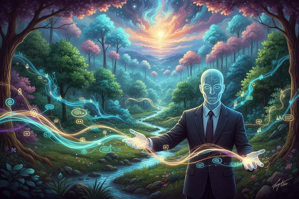 A mystical representation of bioenergetics, showcasing an ethereal landscape where vibrant fields of energy pulse with life. In the foreground, a transparent, glowing figure, dressed in professional business attire, interacts with luminous waves of energy symbolizing communication beyond matter. The middle ground features intricate patterns of bioelectric currents flowing through a lush, green environment, illustrating the connection between living organisms and their energy fields. The background is a dreamlike scene with softly glowing trees and radiant skies, evoking a harmonious and serene atmosphere. The lighting is soft and ambient, highlighting the interplay of energy and life. Capture the essence of connection and communication through bioenergetic fields in a visually stunning composition, promoting a sense of wonder and exploration.