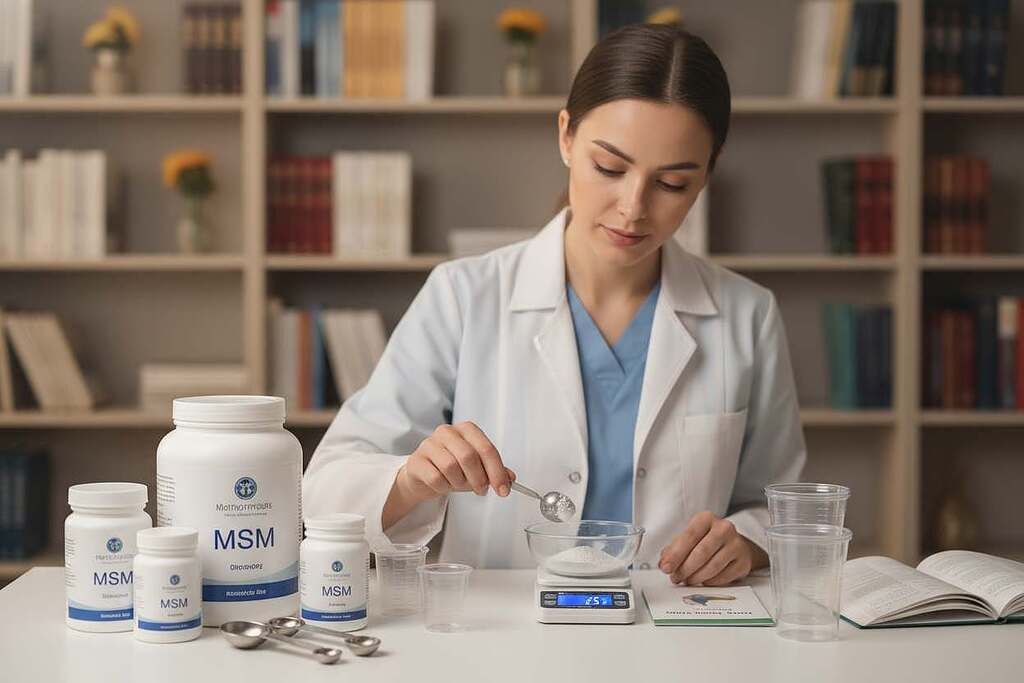 A professional and informative scene illustrating the application and dosage of MSM (Methylsulfonylmethane), showcasing a well-organized worktable set against a soft-focus background. In the foreground, neatly arranged containers of MSM powder and dosage measuring tools, such as spoons and cups, along with a digital scale, reflect the precision of its use. In the middle ground, a focused individual in professional attire, perhaps a healthcare practitioner or nutritionist, is demonstrating how to measure the MSM dosage with concentration and clarity. The lighting is soft and warm, suggesting a serene yet productive atmosphere. The background features blurred bookshelves filled with health and wellness literature, enhancing the knowledge and expertise surrounding MSM application. Overall, the mood should convey professionalism, trust, and a commitment to health.