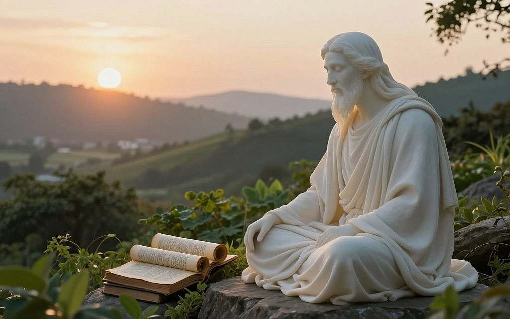 A serene and contemplative scene depicting the essence of spirituality in 20th-century philosophy. In the foreground, an ethereal figure representing wisdom, draped in flowing robes, sits cross-legged on a natural stone, with a calm expression reflecting deep thought. In the middle ground, a collection of philosophical texts and ancient scrolls lie scattered among lush green foliage, hinting at a blend of ancient and modern wisdom. The background features a tranquil landscape of rolling hills and a soft sunrise, casting a warm, golden light that enhances the reflective mood. Use a slightly blurred focus on the background to create depth, evoking a sense of peaceful introspection and enlightenment, ideal for illustrating the theme of spiritual exploration in modern philosophy. A serene and contemplative scene depicting the essence of spirituality in 20th-century philosophy. In the foreground, an ethereal figure representing wisdom, draped in flowing robes, sits cross-legged on a natural stone, with a calm expression reflecting deep thought. In the middle ground, a collection of philosophical texts and ancient scrolls lie scattered among lush green foliage, hinting at a blend of ancient and modern wisdom. The background features a tranquil landscape of rolling hills and a soft sunrise, casting a warm, golden light that enhances the reflective mood. Use a slightly blurred focus on the background to create depth, evoking a sense of peaceful introspection and enlightenment, ideal for illustrating the theme of spiritual exploration in modern philosophy.