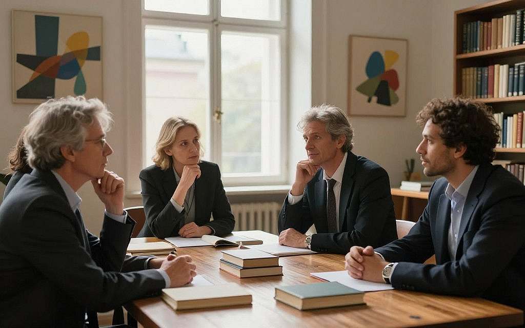 A serene and contemplative scene illustrating "philosophische Reflexion." In the foreground, a diverse group of four individuals of various ages and ethnicities, dressed in professional attire, sit around a large wooden table covered with books. They engage in deep discussion, their expressions thoughtful and reflective. In the background, a large window lets in soft, warm natural light, casting gentle shadows. Shelves filled with philosophical texts line the walls, and abstract art hangs above them, enhancing the intellectual atmosphere. The mood is one of curiosity and inspiration, inviting viewers to ponder the ideas of great thinkers. The angle captures the interaction among the group, emphasizing collaboration and exploration of ideas. A serene and contemplative scene illustrating "philosophische Reflexion." In the foreground, a diverse group of four individuals of various ages and ethnicities, dressed in professional attire, sit around a large wooden table covered with books. They engage in deep discussion, their expressions thoughtful and reflective. In the background, a large window lets in soft, warm natural light, casting gentle shadows. Shelves filled with philosophical texts line the walls, and abstract art hangs above them, enhancing the intellectual atmosphere. The mood is one of curiosity and inspiration, inviting viewers to ponder the ideas of great thinkers. The angle captures the interaction among the group, emphasizing collaboration and exploration of ideas.