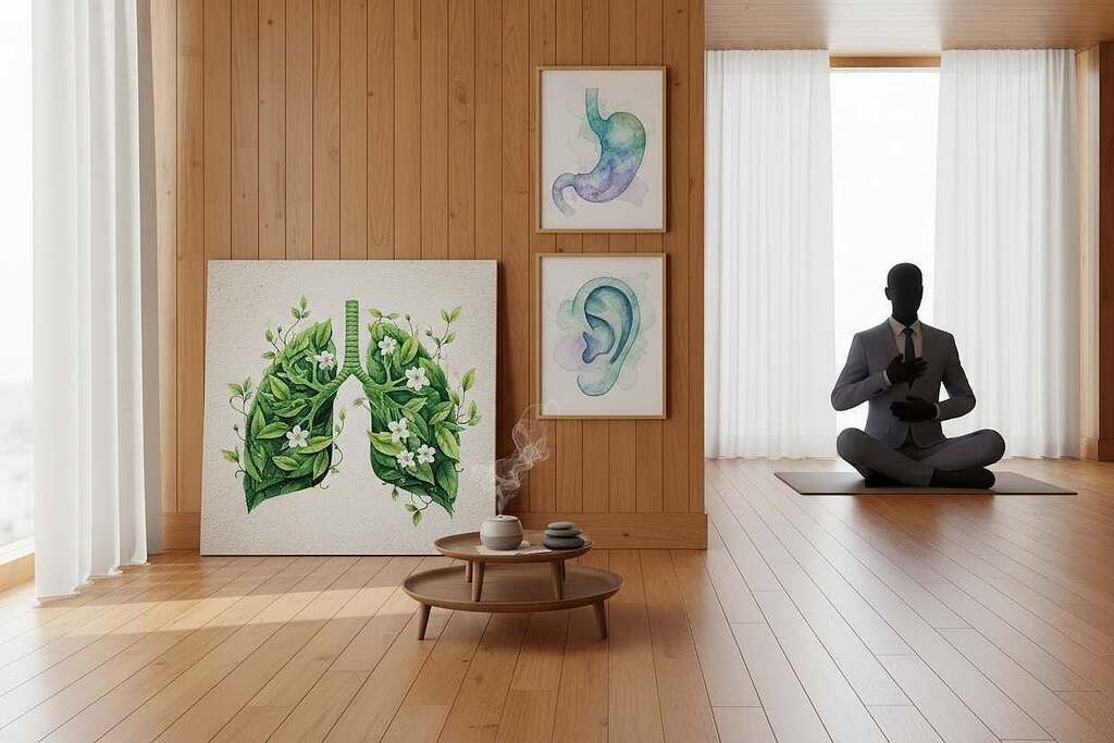 A serene and contemplative therapy room, showcasing a soft, naturally lit environment with warm wooden elements. In the foreground, a calming image of human lungs intertwined with nature—vibrant green leaves symbolizing breath and life. The middle ground features anatomical illustrations of the stomach and ears, harmoniously blended with flowing, gentle watercolors to evoke healing energies. In the background, a subtle silhouette of a human figure in professional attire, practicing mindfulness and connection with their body. The atmosphere is tranquil and reflective, fostering a sense of understanding between body and spirit. The scene is captured from a slightly elevated angle, enhancing the depth and inviting the viewer into this holistic healing space.