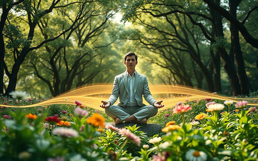 A serene and harmonious image depicting "sacred biology." In the foreground, visualize a diverse array of interconnected plants and flowers, symbolizing natural processes of healing and growth. The middle layer should feature a tranquil human figure dressed in modest, professional attire, embracing a meditative posture, surrounded by gentle waves of vibrant, flowing energy. In the background, soft light filters through a canopy of trees, creating a calming green atmosphere that suggests wellness and vitality. The lighting should evoke a sense of warmth and hope, highlighting the connection between nature and the human body. The overall mood should be uplifting and peaceful, inviting contemplation and reflection on the significance of natural biological processes. A serene and harmonious image depicting "sacred biology." In the foreground, visualize a diverse array of interconnected plants and flowers, symbolizing natural processes of healing and growth. The middle layer should feature a tranquil human figure dressed in modest, professional attire, embracing a meditative posture, surrounded by gentle waves of vibrant, flowing energy. In the background, soft light filters through a canopy of trees, creating a calming green atmosphere that suggests wellness and vitality. The lighting should evoke a sense of warmth and hope, highlighting the connection between nature and the human body. The overall mood should be uplifting and peaceful, inviting contemplation and reflection on the significance of natural biological processes.