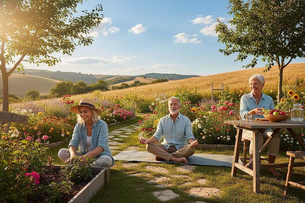 A serene and harmonious scene depicting various preventive strategies for healthy aging. In the foreground, a diverse group of three elderly individuals in modest, casual attire are engaging in activities like gardening, practicing yoga, and sharing a healthy meal together. The middle ground features a lush garden with vibrant flowers and a well-maintained pathway, symbolizing vitality and nature’s role in health. In the background, soft hills and bright blue skies create a peaceful ambiance, with gentle sunlight filtering through the trees, casting warm, inviting shadows. The atmosphere is uplifting and positive, emphasizing community, well-being, and the essence of prevention in aging. The image should be bright, with a focus on natural colors and a hopeful mood.