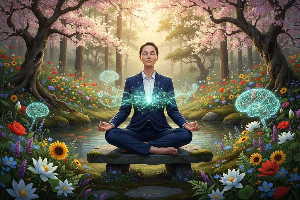 A serene and introspective scene depicting the concept of psychosomatics, with a person in professional business attire sitting in a tranquil garden, surrounded by vibrant and healing nature. In the foreground, the individual is meditating with closed eyes, embodying peace and mindfulness. The middle ground features blossoming flowers and lush greenery, symbolizing growth and healing. In the background, soft sunlight filters through the trees, casting gentle, dappled shadows. The atmosphere is calm and harmonious, inviting a sense of reflection and spiritual connection. The image captures the essence of the mind-body connection, emphasizing the integration of psychology, consciousness, and spirituality in the healing process.