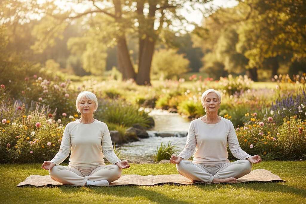 A serene and inviting scene depicting an elderly couple engaged in stress relief activities in a sunlit park. In the foreground, the couple, wearing comfortable and modest casual clothing, practice yoga together on mats, their expressions peaceful and focused. The middle ground features lush greenery, blooming flowers, and a gentle stream, symbolizing tranquility and natural beauty. In the background, soft sunlight filters through tall trees, casting dappled shadows on the ground. The atmosphere is calming and uplifting, evoking a sense of resilience and well-being. The image should have a warm color palette with soft lighting, creating an inviting and harmonious environment that encourages vitality and serenity in later life.