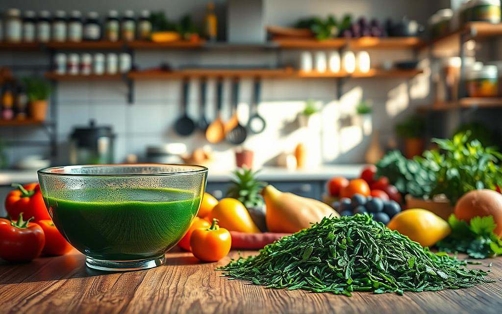 A serene and inviting scene depicting deep detoxification with algae. In the foreground, a vibrant green bowl filled with fresh, glistening spirulina and chlorella algae sits on a wooden table surrounded by colorful fruits and vegetables that symbolize health. In the middle, a softly illuminated kitchen space showcases professional kitchen tools, with sunlight filtering through a window, casting gentle shadows. In the background, shelves lined with various jars of natural supplements and healthy foods create an organized and inspiring atmosphere. The overall mood is uplifting and harmonious, emphasizing wellness and vitality, enhanced by warm, natural lighting to convey a sense of freshness and rejuvenation. A serene and inviting scene depicting deep detoxification with algae. In the foreground, a vibrant green bowl filled with fresh, glistening spirulina and chlorella algae sits on a wooden table surrounded by colorful fruits and vegetables that symbolize health. In the middle, a softly illuminated kitchen space showcases professional kitchen tools, with sunlight filtering through a window, casting gentle shadows. In the background, shelves lined with various jars of natural supplements and healthy foods create an organized and inspiring atmosphere. The overall mood is uplifting and harmonious, emphasizing wellness and vitality, enhanced by warm, natural lighting to convey a sense of freshness and rejuvenation.