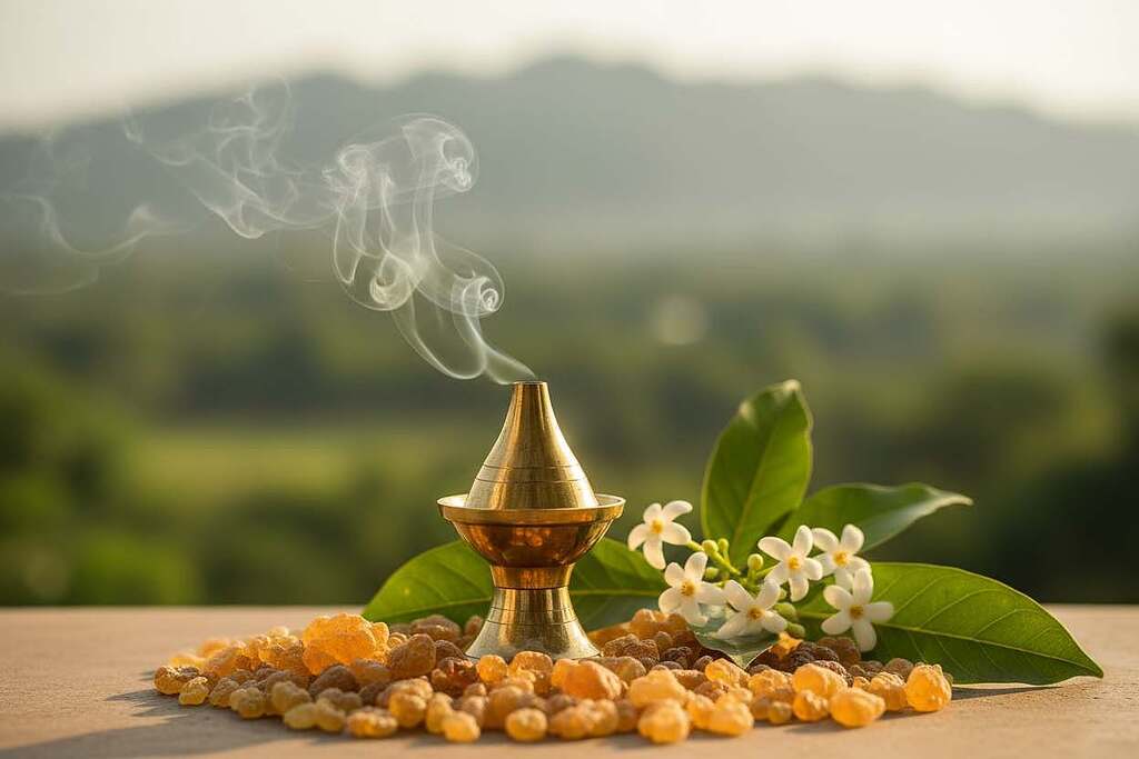A serene and inviting scene featuring a beautifully arranged display of Indian frankincense resin. In the foreground, a traditional brass incense burner emits wisps of aromatic smoke, enhancing the atmosphere. Surrounding the burner, pieces of amber-colored frankincense resin glisten under soft, warm lighting, casting delicate shadows. The middle ground showcases lush green leaves and delicate white flowers, symbolizing the natural origins of the herb. In the background, softly blurred outlines of distant mountains or a tranquil garden can be seen, hinting at a peaceful, holistic environment. The overall mood is calm and rejuvenating, inviting the viewer to explore the healing properties of frankincense. Capture this scene with a close-up lens to emphasize details, using a gentle, diffused light to create a warm ambiance. A serene and inviting scene featuring a beautifully arranged display of Indian frankincense resin. In the foreground, a traditional brass incense burner emits wisps of aromatic smoke, enhancing the atmosphere. Surrounding the burner, pieces of amber-colored frankincense resin glisten under soft, warm lighting, casting delicate shadows. The middle ground showcases lush green leaves and delicate white flowers, symbolizing the natural origins of the herb. In the background, softly blurred outlines of distant mountains or a tranquil garden can be seen, hinting at a peaceful, holistic environment. The overall mood is calm and rejuvenating, inviting the viewer to explore the healing properties of frankincense. Capture this scene with a close-up lens to emphasize details, using a gentle, diffused light to create a warm ambiance.
