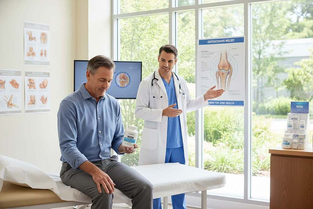 A serene and inviting scene inside a well-lit, modern healthcare clinic. In the foreground, a middle-aged individual, dressed in smart casual clothing, appears relaxed while sitting on a treatment table, gently holding a jar of MSM supplement. Their expression is one of relief and hope. In the middle ground, a healthcare professional, also in professional attire, discusses the benefits of MSM for joint discomfort, pointing to a diagram of healthy joints. The background features soft, natural lighting emanating from large windows, with greenery just outside. A few medical posters about joint health decorate the walls. The mood conveys trust, calmness, and well-being, highlighting the connection between MSM and relief from joint issues, specifically osteoarthritis.