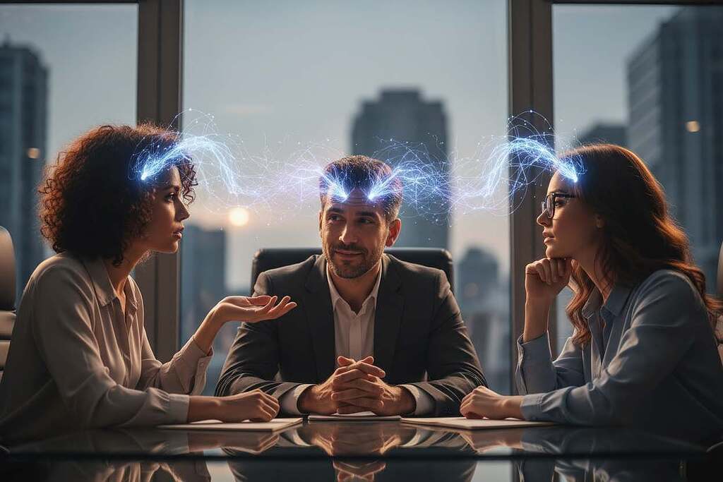 A serene and thought-provoking scene depicting empathy and mirror neurons. In the foreground, a diverse group of three professional individuals—two women and one man—are engaged in a thoughtful conversation, their expressions showing deep understanding and connection. In the middle, a translucent visualization representing mirror neurons, illustrated as interconnected, flowing neural pathways, subtly emanating from their heads and intertwining with each other. The background features a soft-focus environment of modern office space, with warm lighting illuminating the figures, enhancing the atmosphere of collaboration and trust. The lens captures the scene at a slightly low angle, adding depth and highlighting the subjects' emotions. The overall mood is one of harmony and shared purpose.