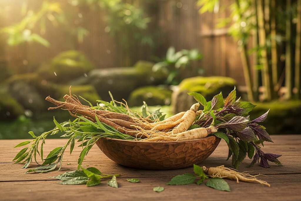 A serene and vibrant representation of adaptogenic medicinal plants, featuring ashwagandha, ginseng, and holy basil artfully arranged in a wooden bowl, with some fresh leaves scattered around. In the foreground, focus on the rich textures and green hues of the plants, emphasizing their vitality. The middle ground transitions to a softly blurred background showcasing a peaceful Asian garden, dappled sunlight filtering through lush foliage, hinting at tranquility and health. Capture a warm, inviting atmosphere with golden hour lighting that enhances the rich colors and details. Opt for a soft focus lens effect to create an ethereal quality, symbolizing the healing energy and life force of these ancient herbs. No text or markings should be present in the image. A serene and vibrant representation of adaptogenic medicinal plants, featuring ashwagandha, ginseng, and holy basil artfully arranged in a wooden bowl, with some fresh leaves scattered around. In the foreground, focus on the rich textures and green hues of the plants, emphasizing their vitality. The middle ground transitions to a softly blurred background showcasing a peaceful Asian garden, dappled sunlight filtering through lush foliage, hinting at tranquility and health. Capture a warm, inviting atmosphere with golden hour lighting that enhances the rich colors and details. Opt for a soft focus lens effect to create an ethereal quality, symbolizing the healing energy and life force of these ancient herbs. No text or markings should be present in the image.