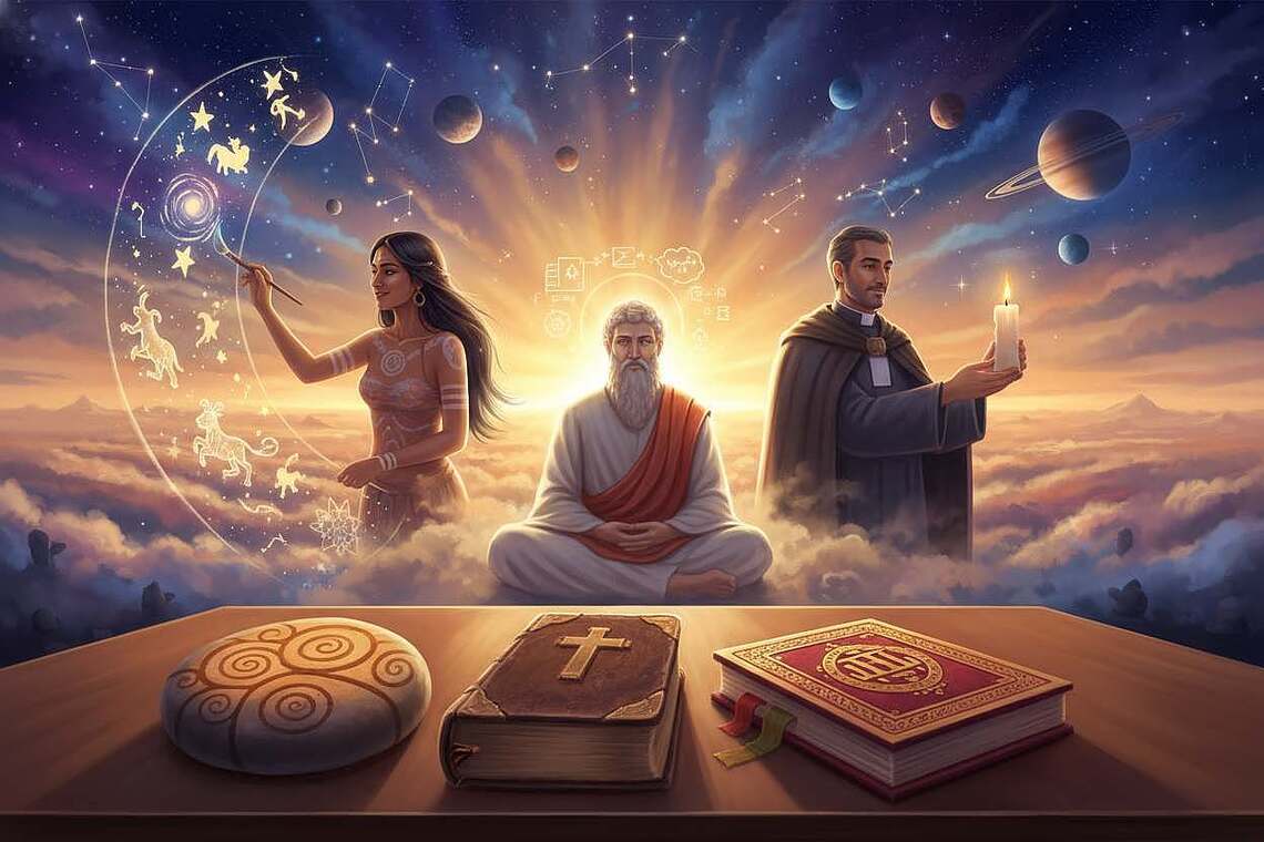 A serene, artistically rendered depiction of various religious creation myths, showcasing a diverse array of cultures. In the foreground, a polished wooden table features symbolic artifacts like an Aboriginal Dreamtime stone, a Bible, and a Hindu sacred book. In the middle ground, ethereal figures representing creation mythologies—an indigenous woman painting a cosmic mural, a philosopher in meditation, and a priest lighting a candle—interact harmoniously. In the background, a vibrant sunrise illuminates a celestial landscape filled with planets and stars, symbolizing the universe's origin. Soft, warm lighting enhances the atmosphere, creating a sense of wonder and interconnectedness. The scene is viewed from a slightly elevated angle, promoting depth and inviting the viewer into a unified exploration of humanity's quest for understanding creation.