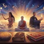 A serene, artistically rendered depiction of various religious creation myths, showcasing a diverse array of cultures. In the foreground, a polished wooden table features symbolic artifacts like an Aboriginal Dreamtime stone, a Bible, and a Hindu sacred book. In the middle ground, ethereal figures representing creation mythologies—an indigenous woman painting a cosmic mural, a philosopher in meditation, and a priest lighting a candle—interact harmoniously. In the background, a vibrant sunrise illuminates a celestial landscape filled with planets and stars, symbolizing the universe's origin. Soft, warm lighting enhances the atmosphere, creating a sense of wonder and interconnectedness. The scene is viewed from a slightly elevated angle, promoting depth and inviting the viewer into a unified exploration of humanity's quest for understanding creation.
