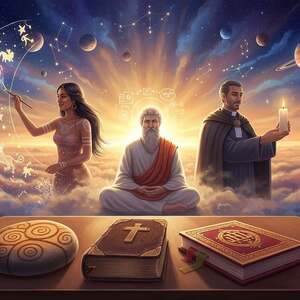 A serene, artistically rendered depiction of various religious creation myths, showcasing a diverse array of cultures. In the foreground, a polished wooden table features symbolic artifacts like an Aboriginal Dreamtime stone, a Bible, and a Hindu sacred book. In the middle ground, ethereal figures representing creation mythologies—an indigenous woman painting a cosmic mural, a philosopher in meditation, and a priest lighting a candle—interact harmoniously. In the background, a vibrant sunrise illuminates a celestial landscape filled with planets and stars, symbolizing the universe's origin. Soft, warm lighting enhances the atmosphere, creating a sense of wonder and interconnectedness. The scene is viewed from a slightly elevated angle, promoting depth and inviting the viewer into a unified exploration of humanity's quest for understanding creation.