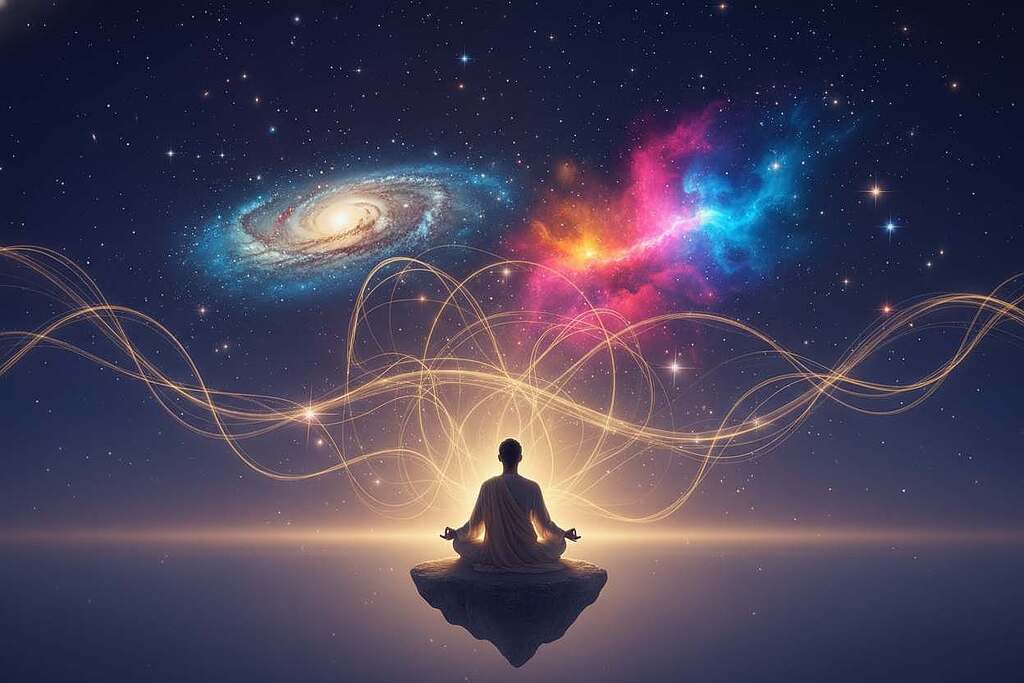 A serene cosmic landscape symbolizing spirituality and the universe. In the foreground, depict a tranquil figure meditating in a lotus pose, dressed in modest, flowing clothing, with soft rays of light illuminating their silhouette. In the middle ground, incorporate ethereal elements like swirling galaxies, vibrant nebulae, and shimmering stars, all interconnected by delicate lines representing the consciousness and energy that bind the universe. The background features an expansive night sky, deep indigo and violet shades blending seamlessly, evoking a sense of infinite mystery. Soft, diffused lighting enhances the surrounding atmosphere, creating a peaceful yet thought-provoking mood, encouraging exploration of existence and origins. Use a wide-angle lens to capture the grandeur of the cosmic scene.