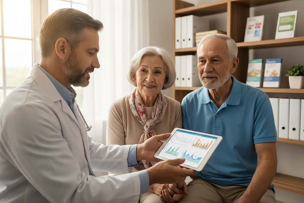 A serene elderly couple in a bright and well-organized medical office, discussing their health with a compassionate, professional doctor. The foreground features the doctor, a middle-aged male in a white lab coat, gesturing towards a digital tablet displaying a health chart. The elderly couple, dressed in modest casual clothing, shows expressions of concern and hope, conveying the emotional weight of medical challenges in aging. In the background, shelves lined with medical books and health pamphlets create a supportive atmosphere. Soft, natural lighting filters through a window, enhancing the mood of reflection and collaboration. The angle captures both the couple's and the doctor's perspectives, highlighting the importance of communication in healthcare for the elderly.