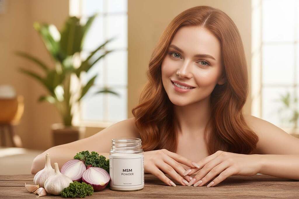A serene, glowing scene showcasing a beautiful woman with radiant skin, healthy hair, and strong nails, embodying the essence of beauty through MSM. The foreground features the woman smiling gently, her hair cascading elegantly over her shoulders, complementing her clear, luminous complexion. Her nails are perfectly manicured, reflecting light. In the middle ground, a collection of natural MSM sources, like sulfur-rich foods (garlic, onions) and a jar labeled MSM powder, signifies their role in beauty. The background is a softly blurred, peaceful spa setting with gentle lighting and green plants, enhancing the tranquil atmosphere. The shot is taken with a soft focus lens, evoking a sense of calm and wellness. The overall mood is uplifting, promoting health and beauty harmoniously.