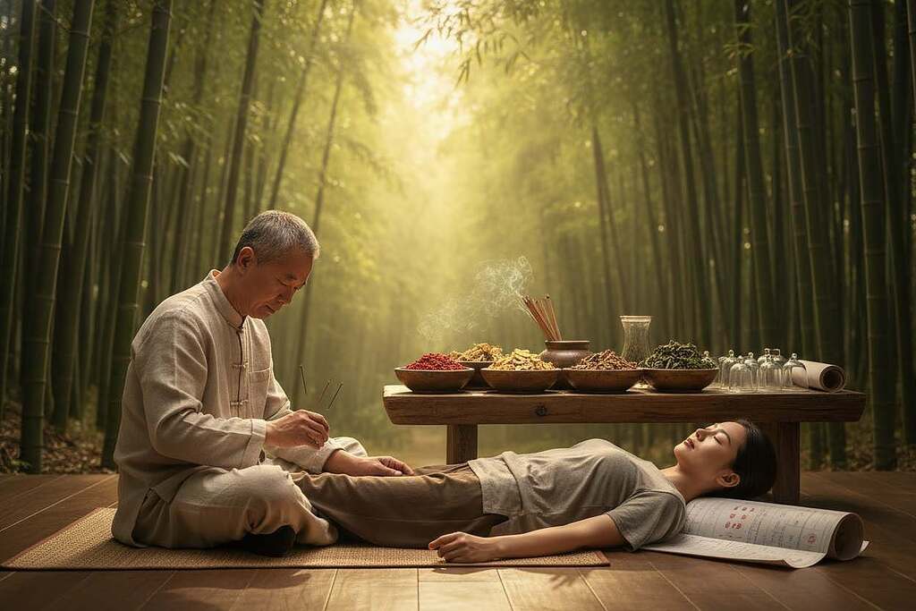 A serene, harmonious scene illustrating Traditional Chinese Medicine (TCM). In the foreground, an experienced practitioner in modest, professional attire demonstrates acupuncture on a patient, both radiating calmness. The middle ground features ancient Chinese herbs artfully arranged on a wooden table alongside TCM tools like moxibustion sticks and pressure point charts. In the background, a softly lit bamboo forest symbolizes balance and tranquility, with gentle sunlight filtering through the leaves, creating a soothing atmosphere. The color palette leans towards earth tones—greens, browns, and soft golds—evoking a sense of healing and natural balance. Capture the essence of holistic health with a warm, inviting and educational mood.