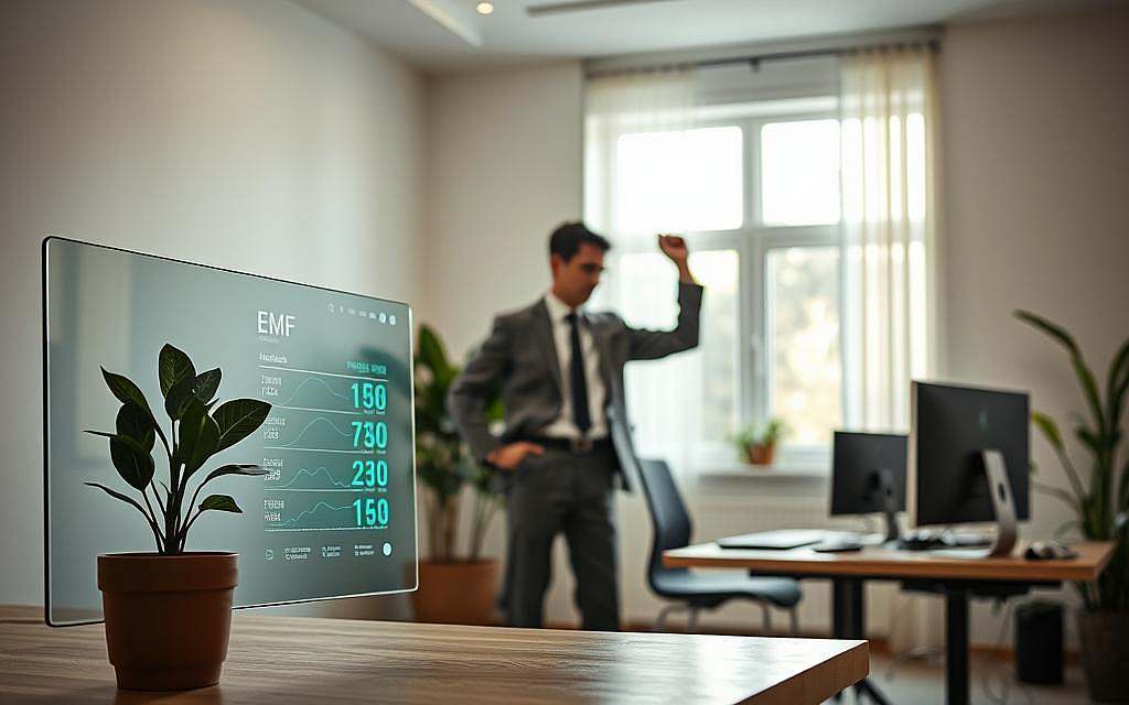 A serene indoor setting showcasing a modern office with various Elektrosmog protection measures. In the foreground, a sleek, transparent screen displaying electromagnetic field (EMF) readings is accompanied by a potted plant symbolizing natural healing. In the middle ground, a professional individual dressed in modest business attire is adjusting a high-tech EMF shielding device near their workspace, looking focused and engaged. The background reveals a window with natural light streaming in, illuminating the office space, creating a calm and productive atmosphere. Overhead, soft, diffused lighting enhances the tranquility, while earthy tones and minimalistic decor suggest a balance between technology and wellness. The overall mood is one of harmony and awareness in the face of modern environmental challenges. A serene indoor setting showcasing a modern office with various Elektrosmog protection measures. In the foreground, a sleek, transparent screen displaying electromagnetic field (EMF) readings is accompanied by a potted plant symbolizing natural healing. In the middle ground, a professional individual dressed in modest business attire is adjusting a high-tech EMF shielding device near their workspace, looking focused and engaged. The background reveals a window with natural light streaming in, illuminating the office space, creating a calm and productive atmosphere. Overhead, soft, diffused lighting enhances the tranquility, while earthy tones and minimalistic decor suggest a balance between technology and wellness. The overall mood is one of harmony and awareness in the face of modern environmental challenges.