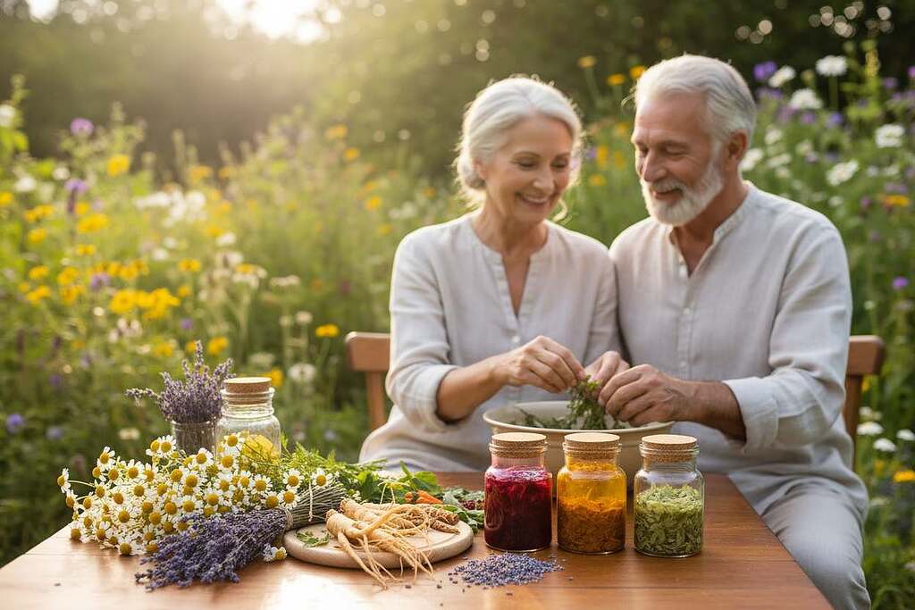 A serene, inviting scene showcasing natural remedies for senior wellness. In the foreground, a beautifully arranged wooden table displays a variety of herbal ingredients like chamomile flowers, ginseng roots, and dried lavender, alongside crystal-clear glass jars filled with colorful herbal teas. The middle ground features a soft-focus elderly couple, dressed in modest casual clothing, smiling as they interact while preparing herbal blends. In the background, a lush garden with vibrant green plants and blooming flowers provides a calming environment, enhanced by warm, golden sunlight filtering through the leaves. The overall mood is peaceful and nurturing, evoking a sense of well-being and connection to nature. The composition captures the essence of holistic health practices for seniors, emphasizing tranquility and vitality.