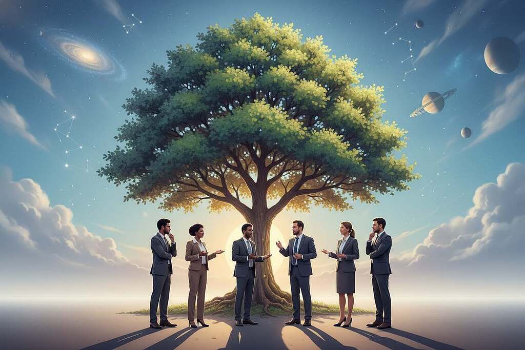 A serene landscape illustrating the theme of "Ethics and Responsibility" in relation to life. In the foreground, a diverse group of professionals, dressed in modest business attire, engage in a thoughtful discussion, their expressions reflecting contemplation and determination. In the middle ground, a large, vibrant tree symbolizes growth and interconnectedness, its branches reaching towards a bright, clear sky. In the background, a subtle representation of the universe—stars and planets—fades into a soft gradient, blending into the peaceful scenery. The lighting is soft and warm, casting gentle shadows to evoke a sense of hope and responsibility. The overall atmosphere is reflective and inspiring, encouraging viewers to ponder the profound relationship between ethical considerations and the origin of life.